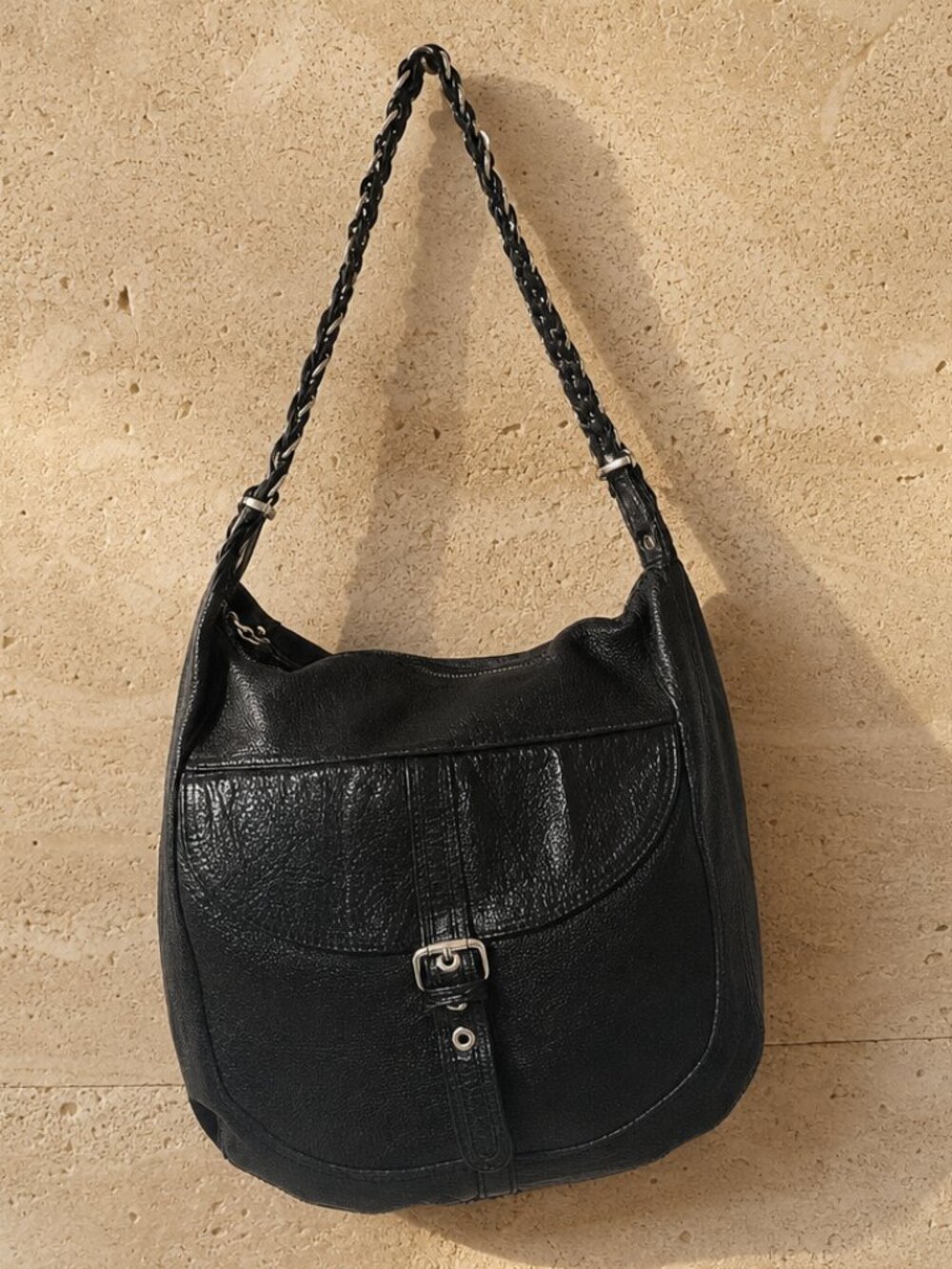 Tano Italian Leather Black Saddle Hobo Bag — Chain Strap, Slouchy Boho Chic
